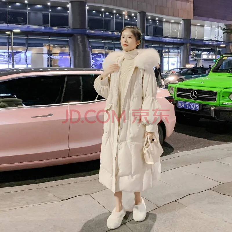 LEDE白色羽绒服女中长款2021冬季新款轻薄韩版加厚宽松显瘦大毛领白鸭绒过膝外套 米白色 S  85-125斤